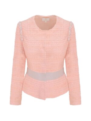 Coral Tweed Jacket with Silver Pearl Embroidery