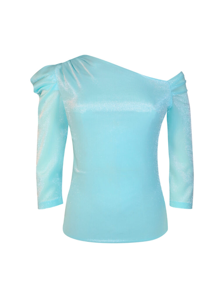 Blue one shoulder silk top front