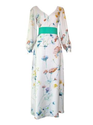 Crystal Citrine Silk Floral Dress With Sleeves